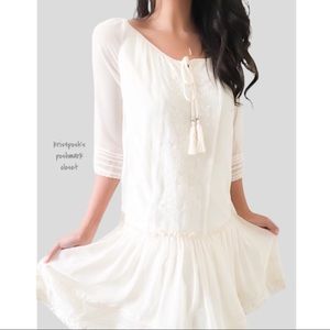 Anthropologie | Hazel Beige Embroidered Trim Poly Shift Dress Medium